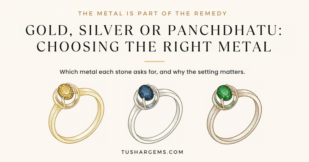 Gold, silver and panchdhatu gemstone rings with open-back settings | Tushar Gems