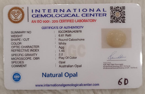 Natural White Opal 6.61 Ratti| RoundCabochone | Certified No. IGCDKBAJ42978 image 2