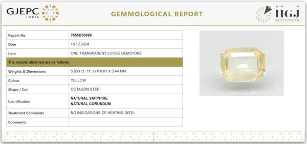 Natural Untreated Yellow Sapphire – 5.86 Carats / 6.51 Ratti (Certified) | 7655D30689 image 1