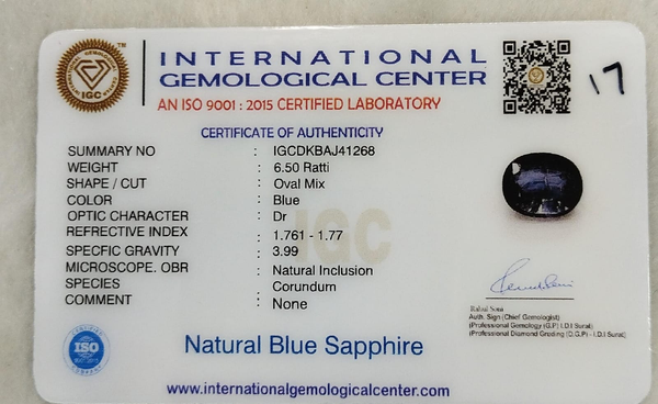 IGC certificate IGCDKBAJ41268 for Natural Blue Sapphire 6.50 Ratti