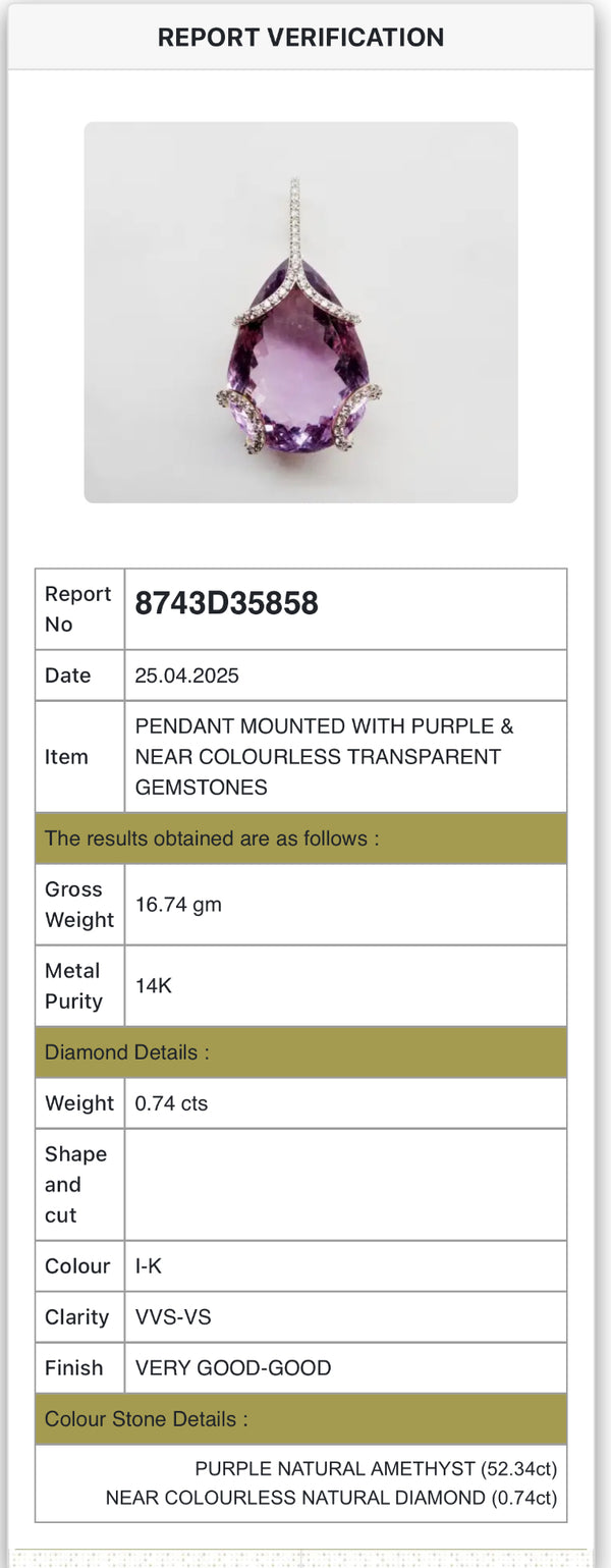 RoyalDrop Amethyst Diamond Pendant in 14K Gold – 52.34 ct Pear-Shaped Natural Amethyst & 0.74 ct Diamonds image 1
