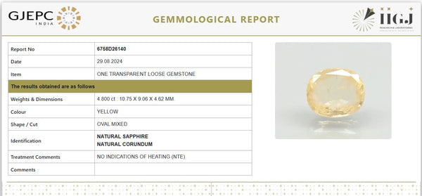 Certified Natural Yellow Sapphire (Pukhraj) - 4.80 Carat / 5.28 Ratti | Untreated | Oval Mixed Cut | GJEPC IGJ Certified image 1