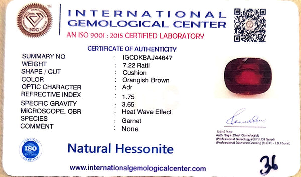 Natural Hessonite (Gomed) | Cushion Cut | IGC Certified Certificate No.: IGCDKBAJ44647 image 2