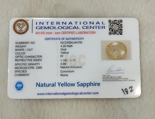 IGC certificate IGCDKBAJ44793 for Natural Yellow Sapphire 4.00 Ratti