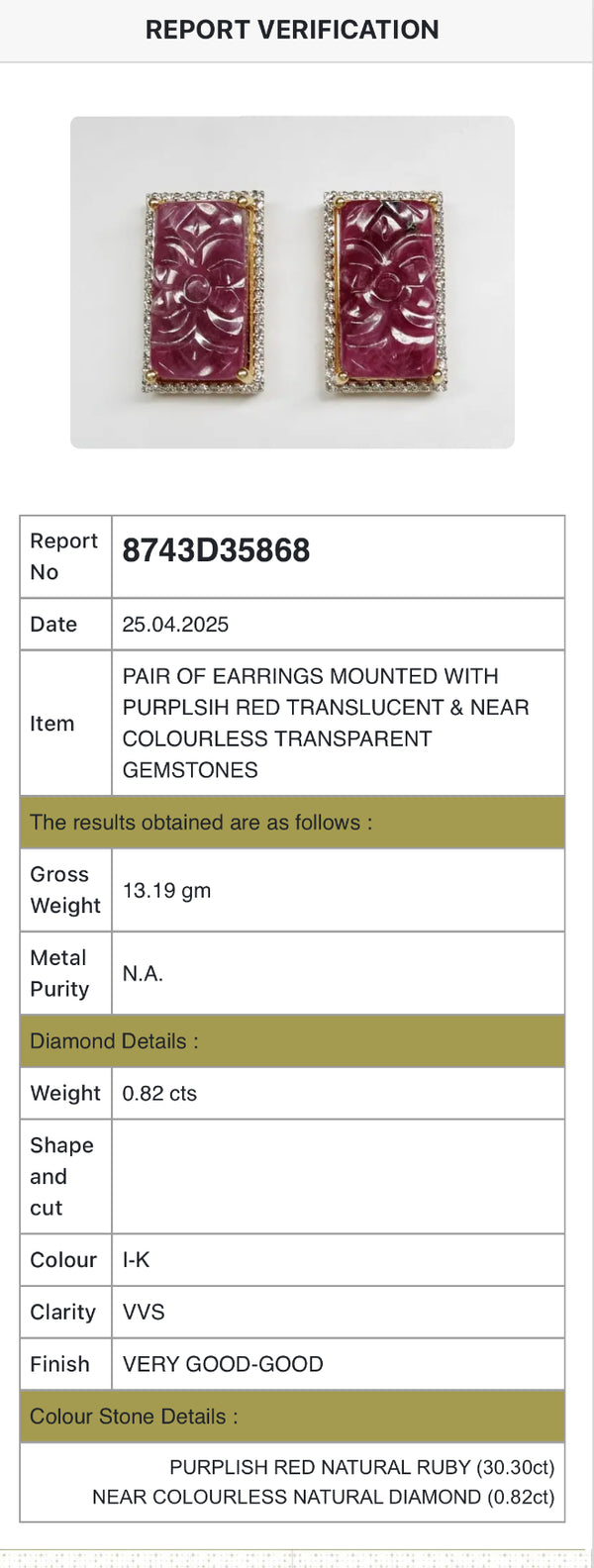 Royal Blossom Earrings – 30.30 ct Hand-Carved Purplish Red Natural Ruby with 0.82 ct Natural Diamonds image 3