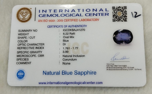 IGC certificate IGCDKBAJ41270 for Natural Blue Sapphire 6.22 Ratti