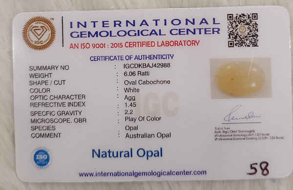Natural White Opal 6.44 Ratti| Oval Cabochone | Certified No. IGCDKBAJ42988 image 2