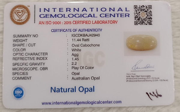 Natural White Opal 11.44 Ratti| Oval Cabochone | Certified No. IGCDKBAJ42940 image 2