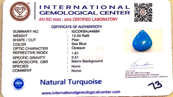 Natural Turquoise | Certified | Pear Shape | Sea Blue Description:Certificate No.: IGCDKBAJ44684 image 1