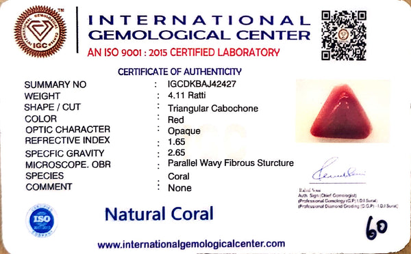 Natural Italian Red Coral | Certified Triangular Cabochon Gemstone IGC (Summary No. IGCDKBAJ42427) image 1