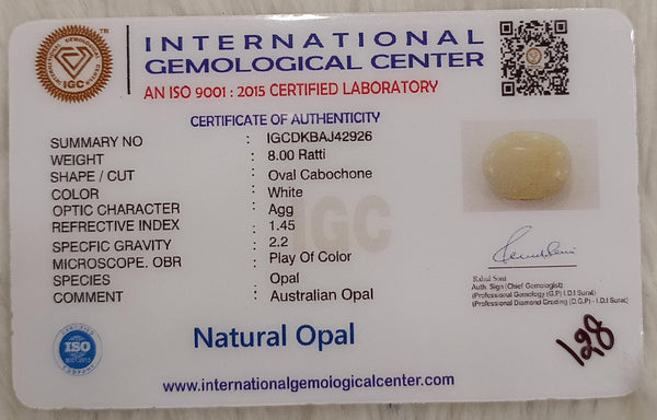 Natural White Opal 8.00Ratti| Oval Cabochone | Certified No. IGCDKBAJ42926 image 2