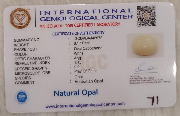 Natural White Opal 6.17 Ratti| Oval Cabochone | Certified No. IGCDKBAJ42972 image 2