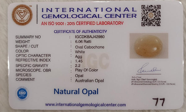 Natural White Opal 6.06Ratti| Oval Cabochone | Certified No. IGCDKBAJ42980 image 2