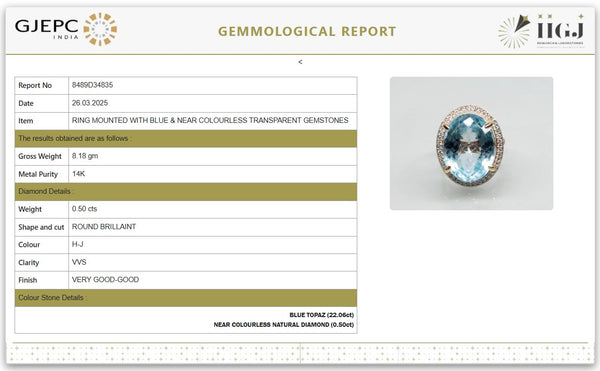 Stunning Natural Oval Shape Blue Topaz & Diamond Cocktail Ring in 14K Gold image 3