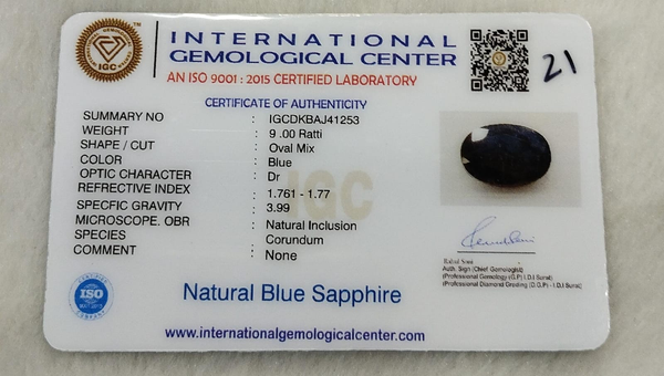 IGC certificate IGCDKBAJ41253 for Natural Blue Sapphire 9.00 Ratti