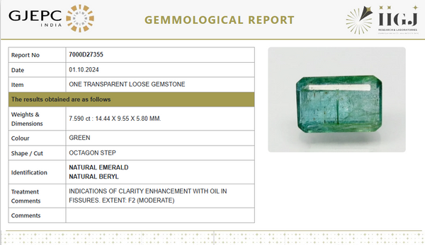 Natural Emerald 8.44 Ratti with Govt. Lab Certificate | Octagon Step CutNo.: 7000D27355 image 1