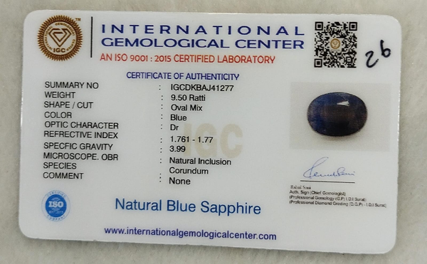 IGC certificate IGCDKBAJ41277 for Natural Blue Sapphire 9.50 Ratti