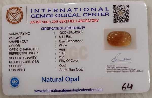 Natural White Opal 6.11Ratti| Oval Cabochone | Certified No. IGCDKBAJ42982 image 2