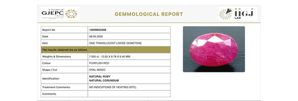 Natural Purplish Red Ruby |8H50| Certified | Oval Mixed Cut Report No. 12939D53309