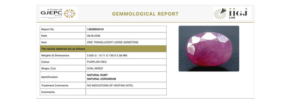 Natural Purplish Red Ruby |8H50| Certified | Oval Mixed Cut Report No. 12939D53310