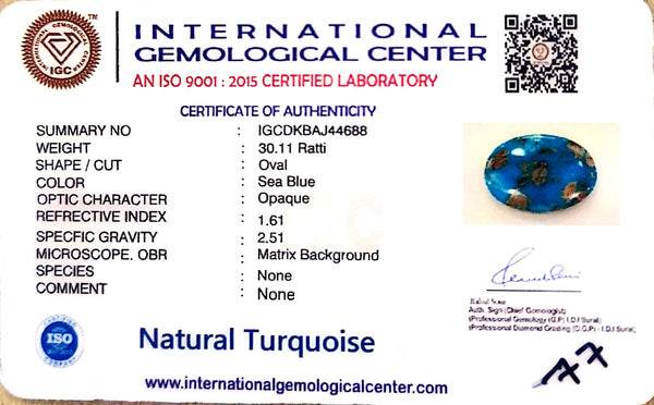 Natural Turquoise | Oval Cabochon | Sea Blue | Matrix Background | CertifiedCertificate No.: IGCDKBAJ44688 image 2