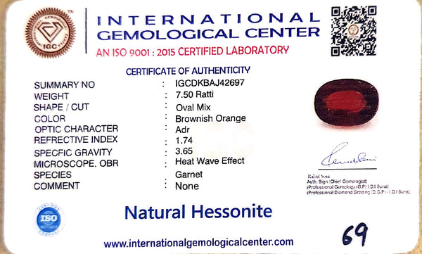 Natural Hessonite (Gomed) | Oval Mix Cut | IGC Certified Certificate No.: IGCDKBAJ42697 image 2