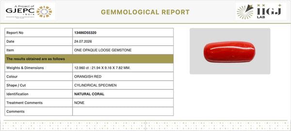 Govt. Lab certificate of authenticity - Report No. 13486D55320