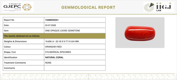 Govt. Lab certificate of authenticity - Report No. 13486D55321
