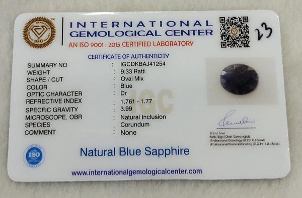 IGC certificate IGCDKBAJ41254 for Natural Blue Sapphire 9.33 Ratti