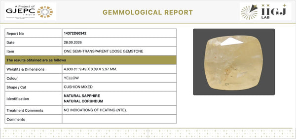 IIGJ Certificate 14372D60342 – Natural Yellow Sapphire