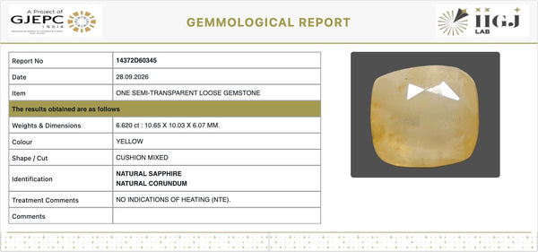 IIGJ Certificate 14372D60345 – Natural Yellow Sapphire