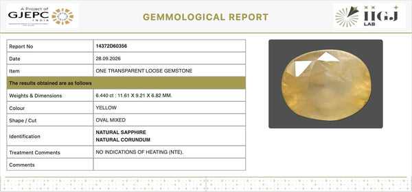 IIGJ Certificate 14372D60356 – Natural Yellow Sapphire