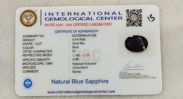 IGC certificate IGCDKBAJ41256 for Natural Blue Sapphire 9.44 Ratti