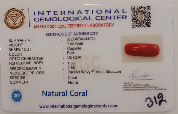 NaturalRed Coral | Certified| Capsule CutGemstone Summary No. IGCDKBAJ44924 image 2