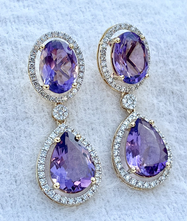 Luxurious Heavy Amethyst Earrings with Natural Diamonds in 14K Gold image 2