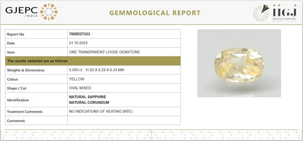 Certified Natural Yellow Sapphire (Pukhraj) – 5.05 Carat / 5.61 Ratti | Unheated | Oval Mixed Cut | GJEPC IGJ Certified | Report No. 7000D27333 image 1