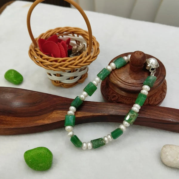 Green & White Premium Semi Emerald With Pearl Bracelet For Men & Women image 1