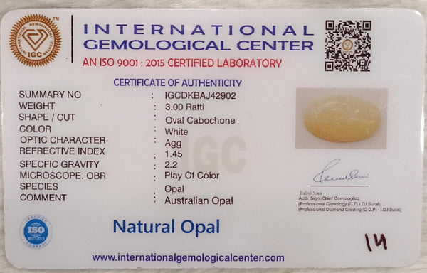 Natural White Opal 3.00 Ratti| Oval Cabochone | Certified No. IGCDKBAJ42902 image 2
