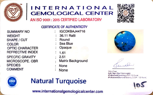 Natural Turquoise | Sea Blue | Round | Matrix Background | IGC CertifiedCertification: IGC (IGCDKBAJ44716) image 1