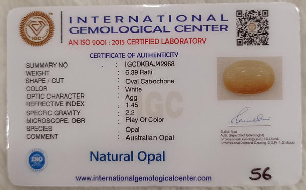 Natural White Opal 6.39Ratti| Oval Cabochone | Certified No. IGCDKBAJ42968 image 2