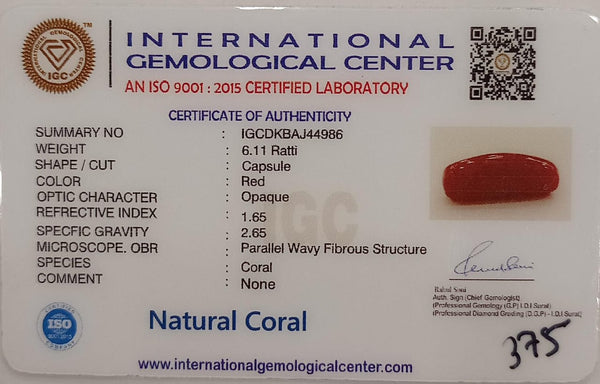 Natural Red Coral | Certified |Capsule Cut Gemstone Summary No. IGCDKBAJ44986 image 2