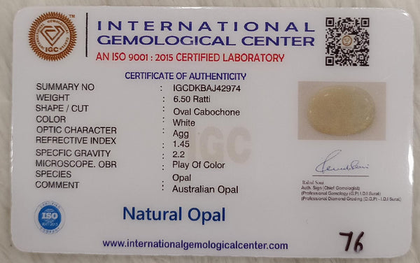 Natural White Opal 6.50 Ratti| Oval Cabochone | Certified No. IGCDKBAJ42974 image 2