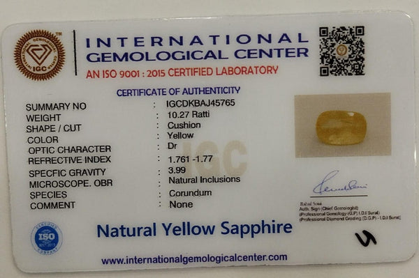 Natural Yellow Sapphire | Cushion Cut | IGC Certified No.: IGCDKBAJ45765 image 2