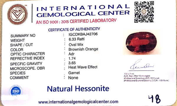 Natural Hessonite (Gomed) | Oval Mix Cut | IGC Certified Certificate No.: IGCDKBAJ42706 image 2