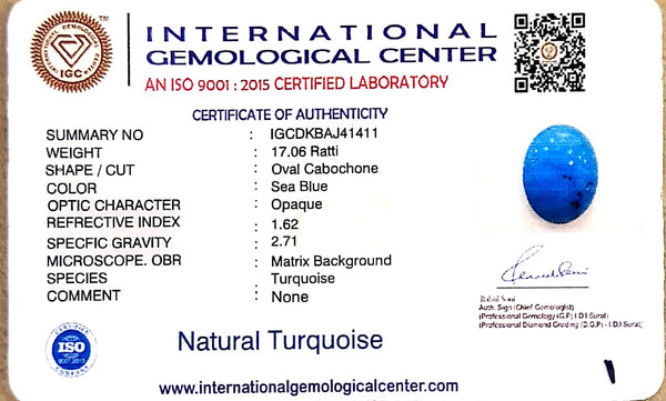 Natural Turquoise | Sea Blue | Oval Cabochon | IGC Certified | Matrix Background Certification: IGC (IGCDKBAJ41411) image 0