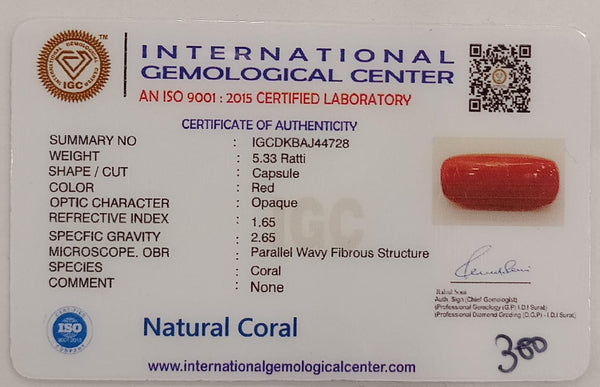Natural Red Coral | Certified |Capsule Cut Gemstone Summary No. IGCDKBAJ44728 image 2