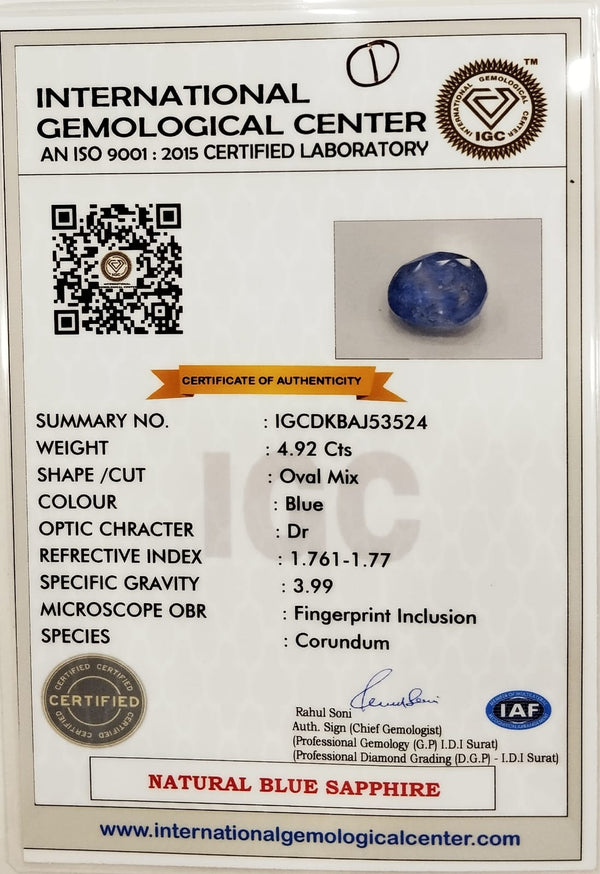 Natural BlueSapphire | IGC Certified | Dual Color ( Blue) | Oval Mix Cut | Natural Inclusions | Rare Astrological Gem Certificate No.: IGCDKBAJ53524 image 2