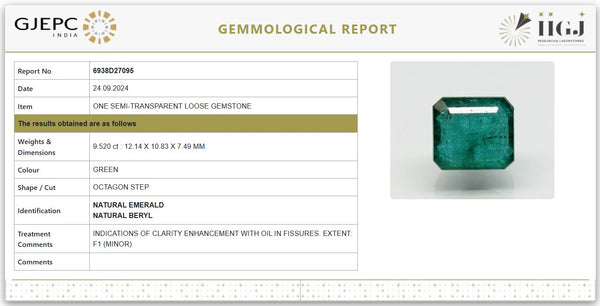 Natural Emerald 10.58 Ratti Govt. Lab Certified | Octagon Step Cut | Certificate No.: 6938D27095 image 1