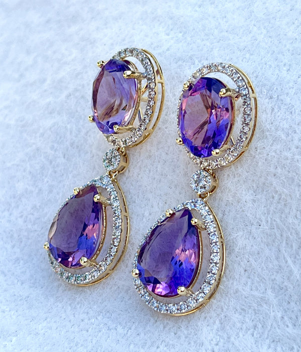 Luxurious Heavy Amethyst Earrings with Natural Diamonds in 14K Gold image 1