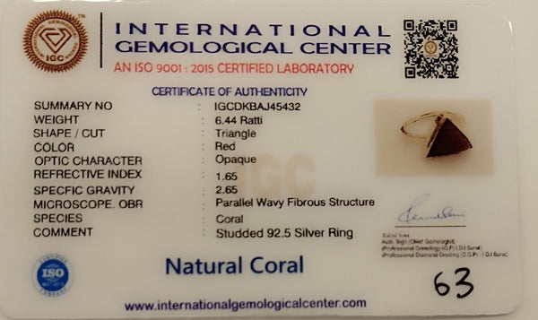 Natural Coral Ring | Triangle Cut Red Coral | Certified Gemstone in Sterling Silver image 2